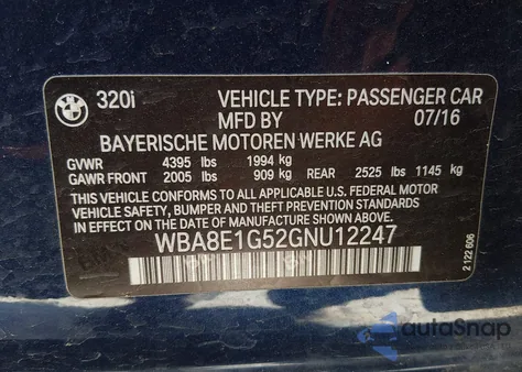 2016 BMW 320I z USA, uszkodzony, nr VIN WBA8E1G52GNU12247